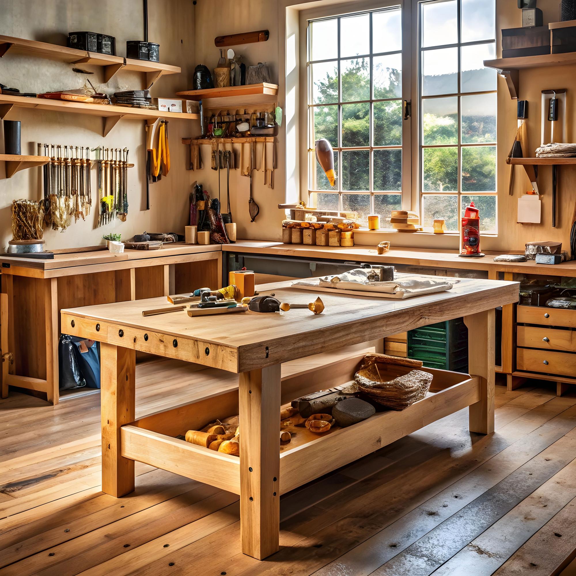 Interior do atelier com bancadas de madeira